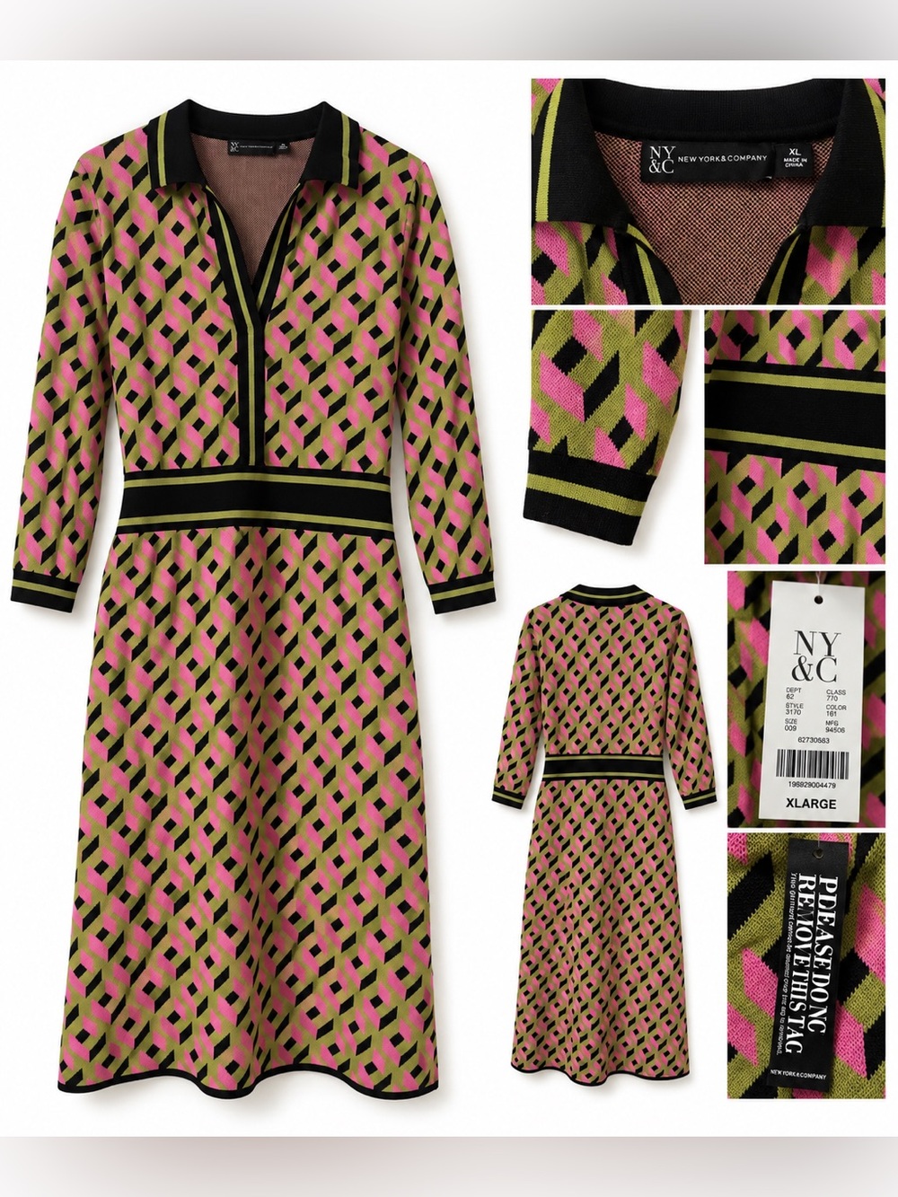 New York & Company Pink and Olive Geometric Knit Dress